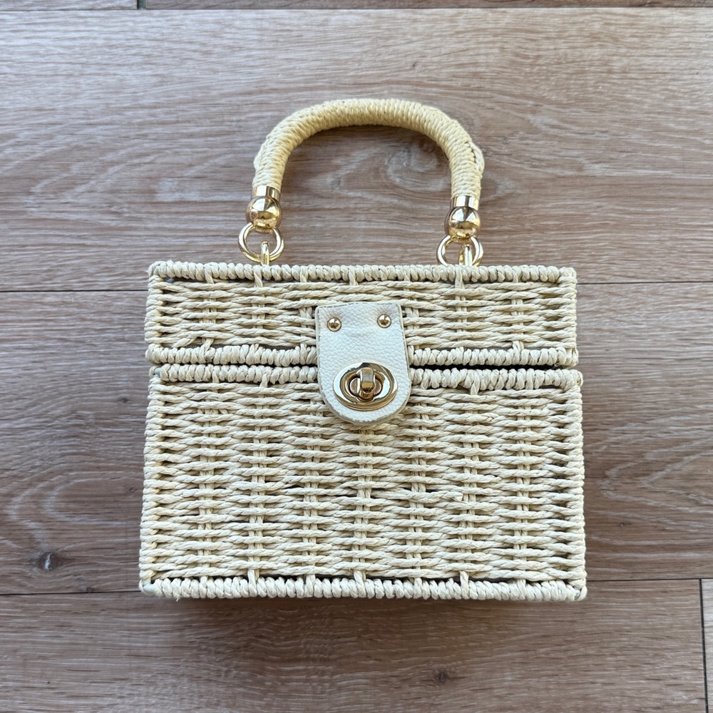 Woven Straw Handbag with Gold Accents